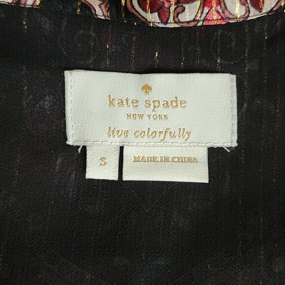 Kate Spade Womens Blouse Red Gold Black Long Sleeve Ruffles Sheer *FLAW* Size S - Picture 5 of 9
